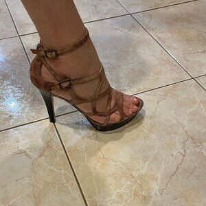 NINE WEST SIZE 4.5 STRAPPY PLATFORM STILETTO HEEL SANDAL BROWN LEATHER SNAKE